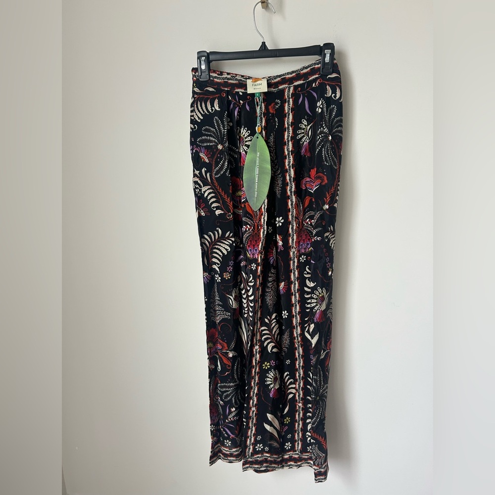 Farm Rio Black Floral Mirror Wide Leg Black Pants
